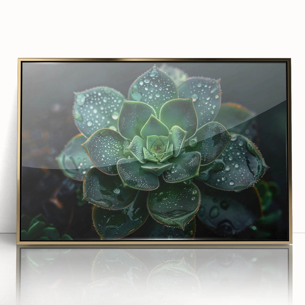 Framed wall art showcasing a vibrant botanical design of succulents in shades of green and gold, perfect for modern home decor. Ideal for nature lovers.