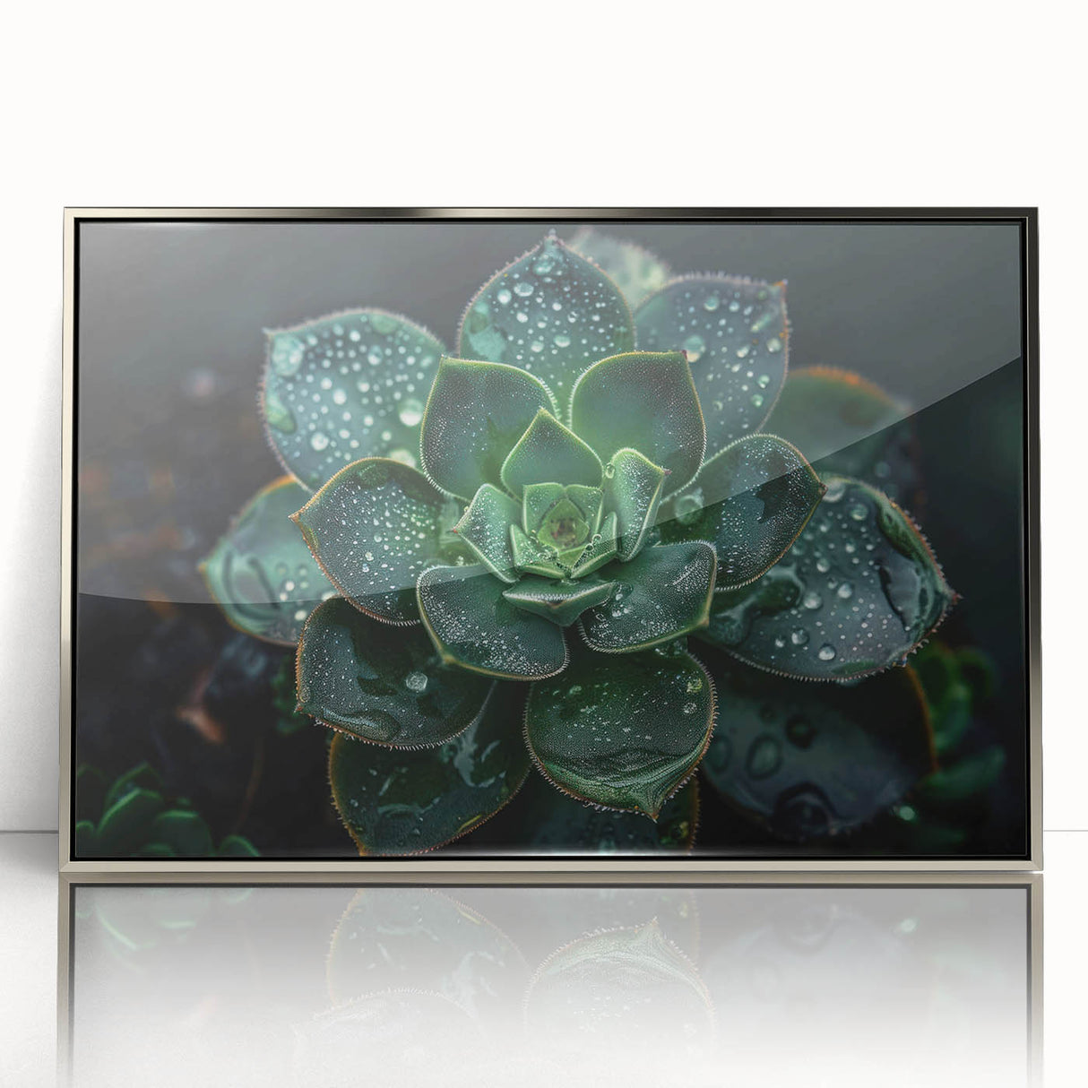 Framed botanical wall art featuring a collection of vibrant succulents in a silver frame. The acrylic finish enhances the colorful details, perfect for home decor.