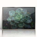 Framed botanical wall art featuring a collection of vibrant succulents in a silver frame. The acrylic finish enhances the colorful details, perfect for home decor.