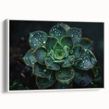 Framed canvas wall art showcasing a vibrant botanical design with various succulents in shades of green and pink, set against a white background for a fresh look. This piece adds a lively touch to home decor, perfect for nature enthusiasts.