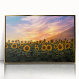 Framed acrylic wall art showcasing a vibrant sunflower design with gold accents, ideal for enhancing home decor with a botanical theme and cheerful aura.