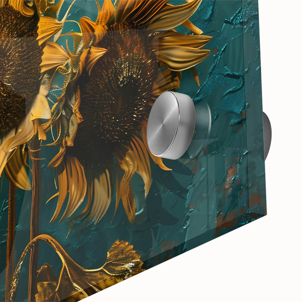 Close-up of a vibrant sunflower wall art design featuring intricate botanical details, showcased in acrylic glass, perfect for brightening any space.