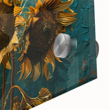 Close-up of a vibrant sunflower wall art design featuring intricate botanical details, showcased in acrylic glass, perfect for brightening any space.