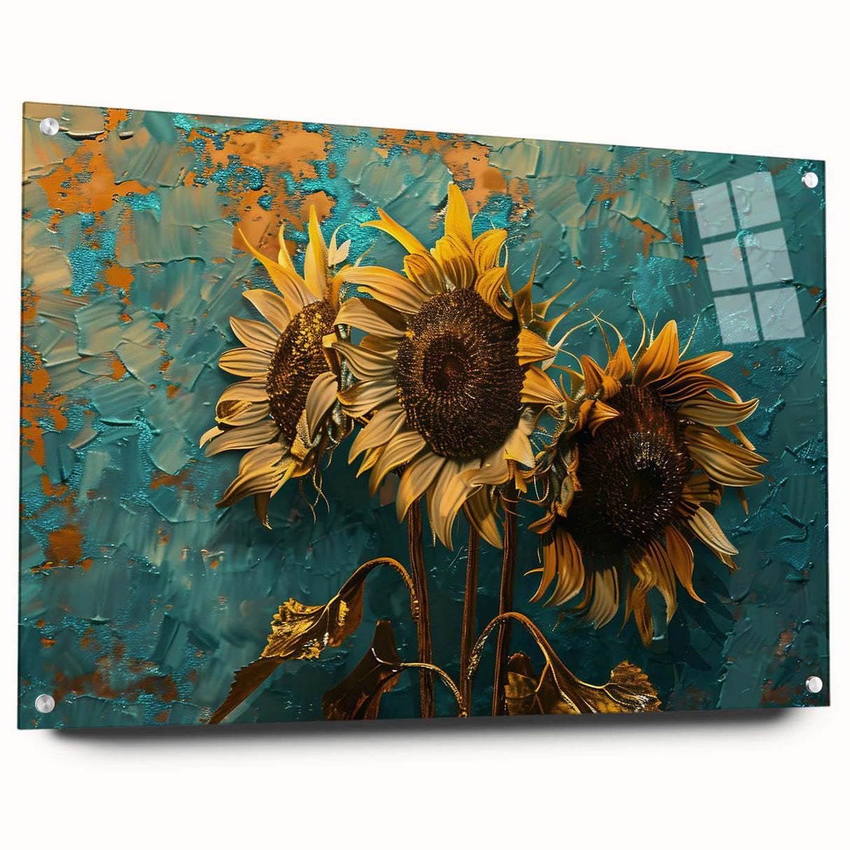 Acrylic glass wall art featuring a vibrant sunflower botanical design, showcasing intricate details and bright yellow petals, elegantly displayed at an angle with pins.
