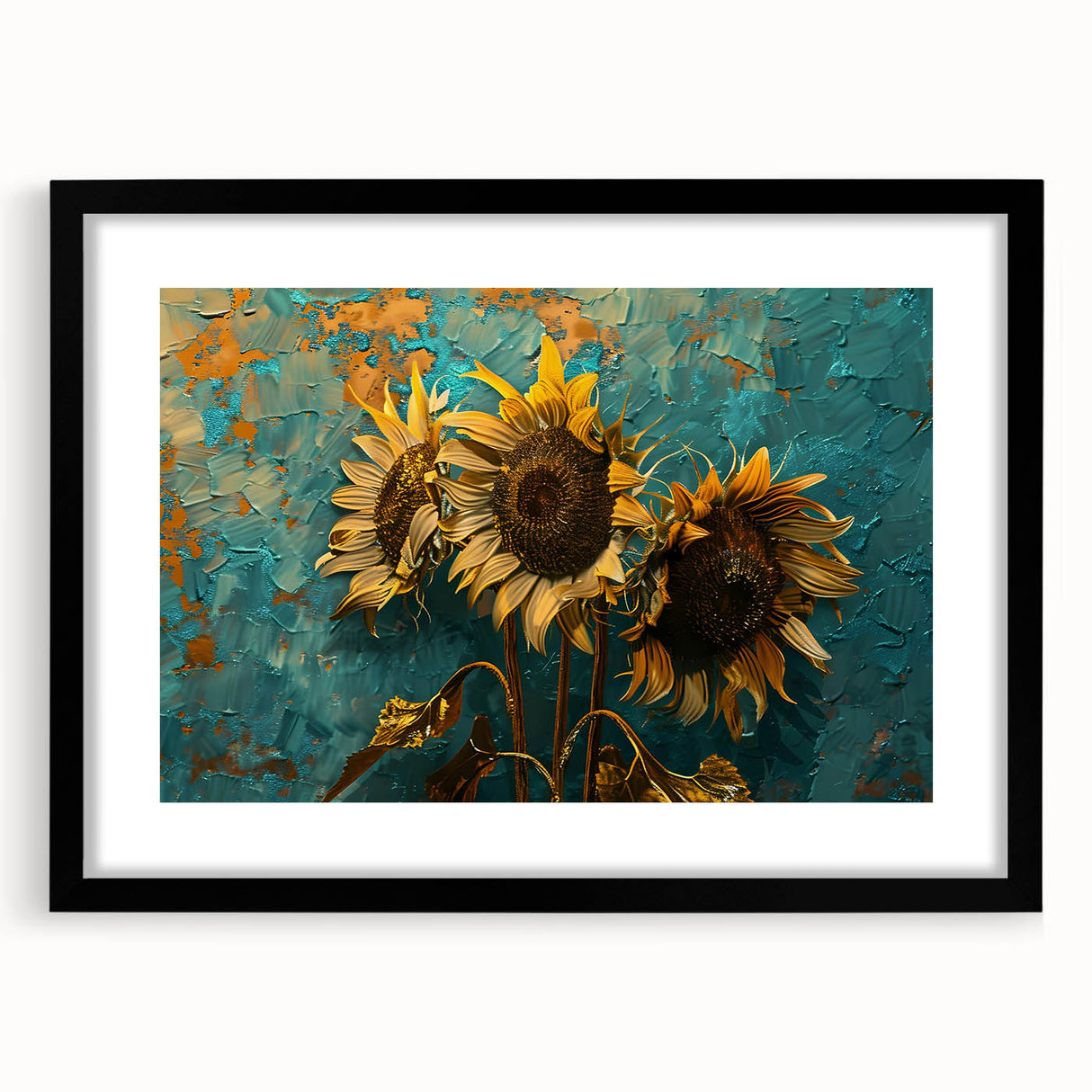 Black-framed wall art featuring a vibrant botanical sunflower design, elegantly matted for a polished look, perfect for home decor enthusiasts seeking floral-themed accents.