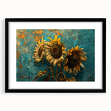 Black-framed wall art featuring a vibrant botanical sunflower design, elegantly matted for a polished look, perfect for home decor enthusiasts seeking floral-themed accents.