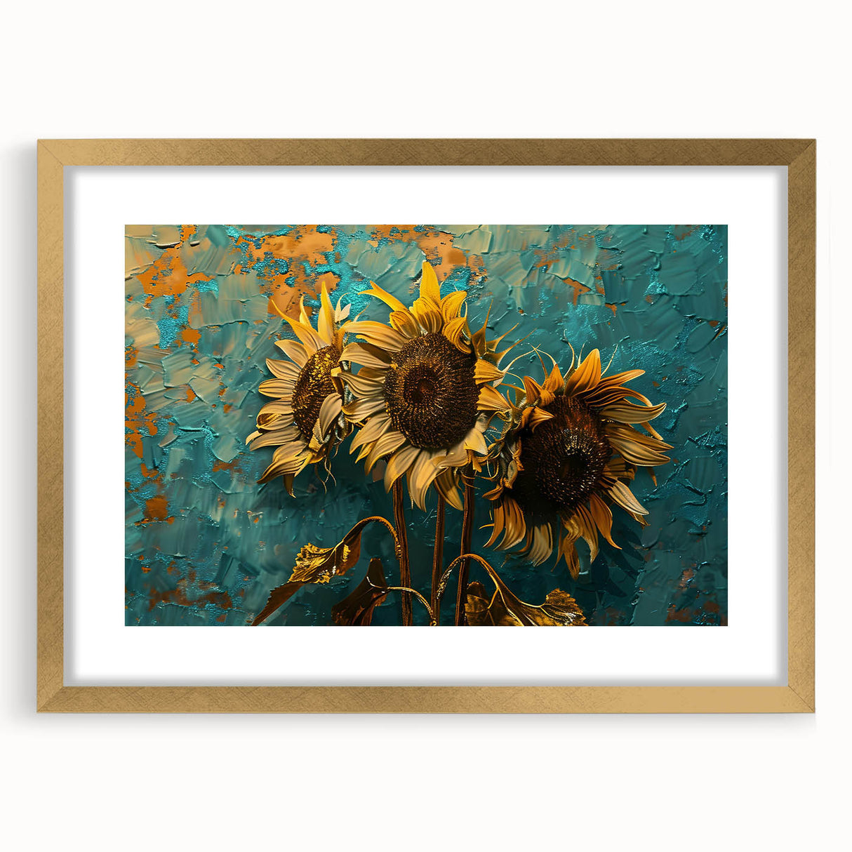 Botanical wall art print showcasing a vibrant sunflower design, framed in gold with a mat. Perfect for brightening up any space with a touch of nature's beauty.