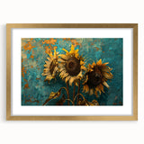 Botanical wall art print showcasing a vibrant sunflower design, framed in gold with a mat. Perfect for brightening up any space with a touch of nature's beauty.