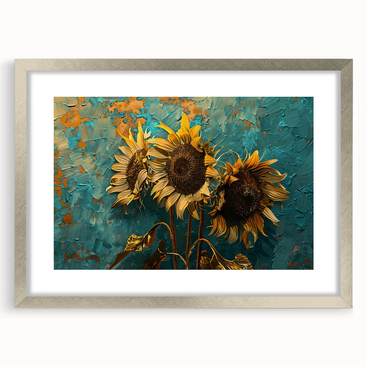 Framed wall art showcasing a vibrant botanical sunflower design, elegantly displayed in a silver frame with a mat, perfect for home decor enthusiasts.