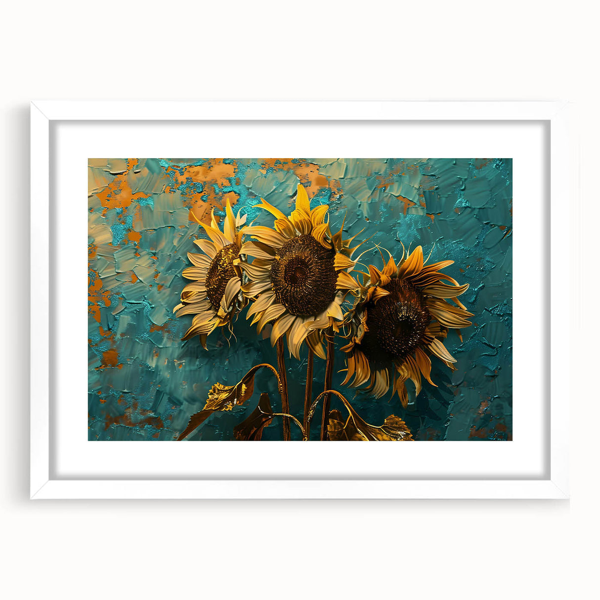 Botanical wall art design showcasing vibrant sunflowers in a white frame with matting, ideal for home decor, adding a touch of nature-inspired elegance.