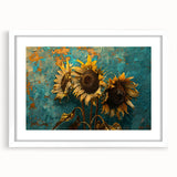 Botanical wall art design showcasing vibrant sunflowers in a white frame with matting, ideal for home decor, adding a touch of nature-inspired elegance.