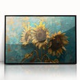 Framed black wall art showcasing a vibrant botanical sunflower design, featuring intricate details and bright yellow petals, perfect for home decor accents.