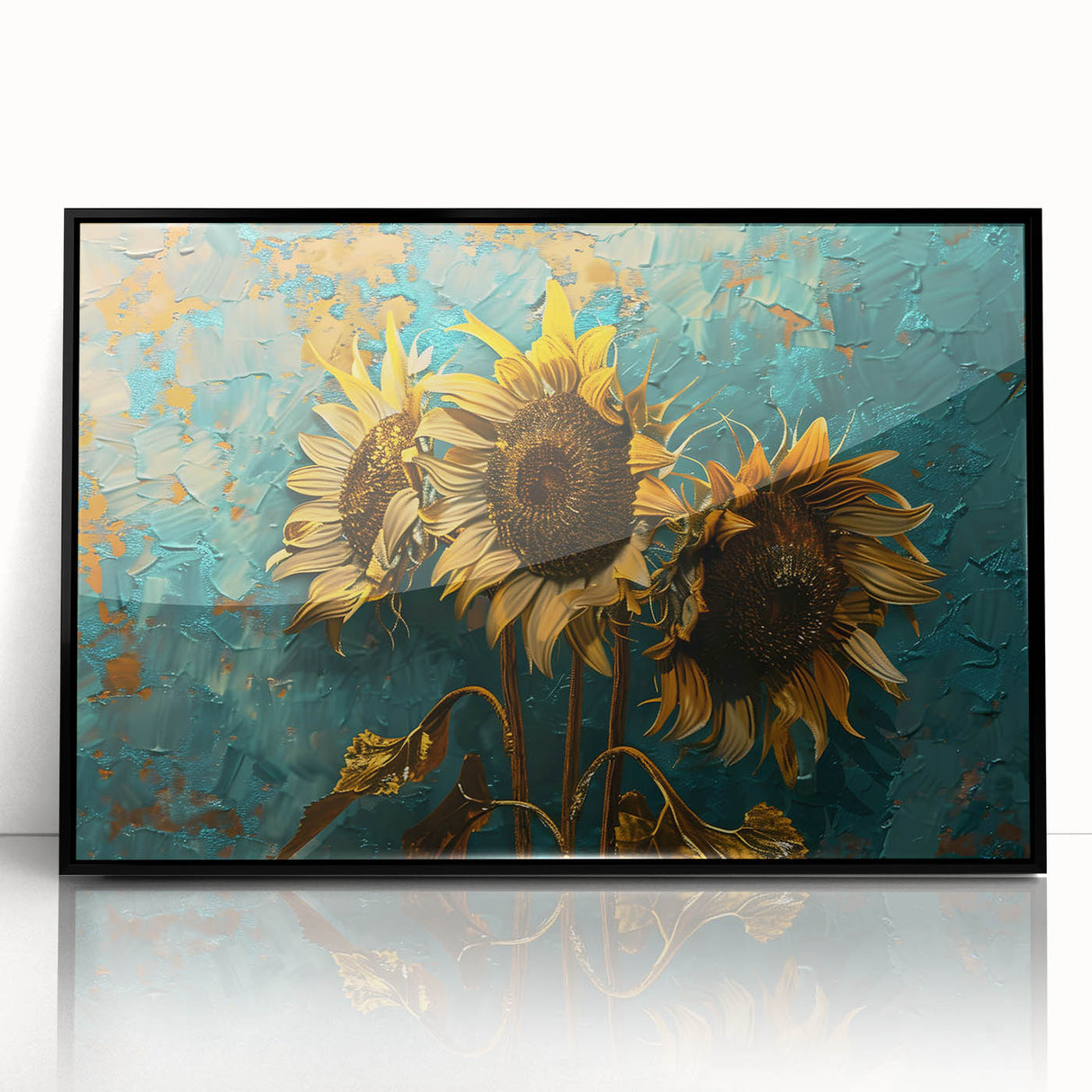 Framed black wall art showcasing a vibrant botanical sunflower design, featuring intricate details and bright yellow petals, perfect for home decor accents.