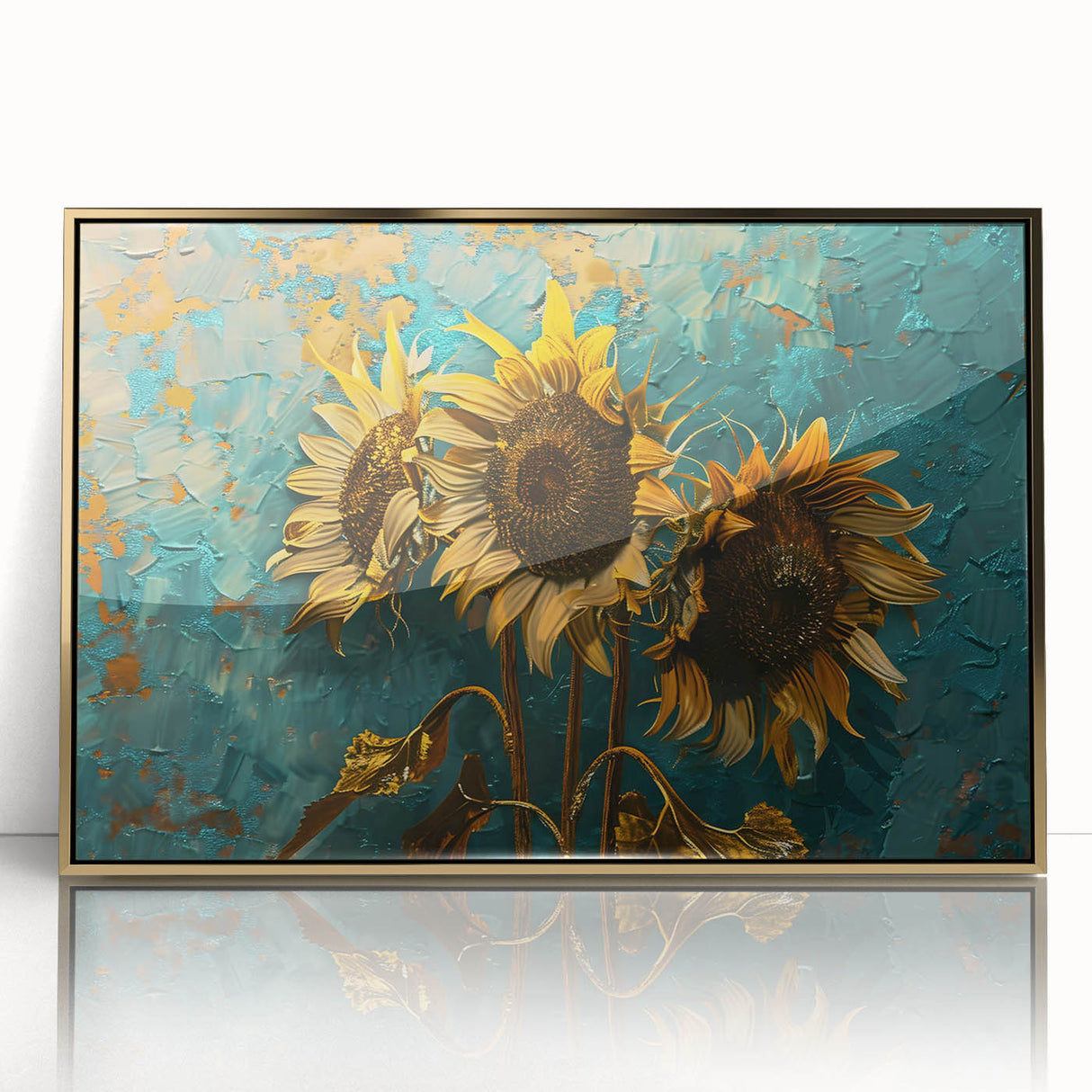 Framed botanical wall art featuring a vibrant sunflower design in acrylic with a stylish gold frame, perfect for brightening modern home decor.