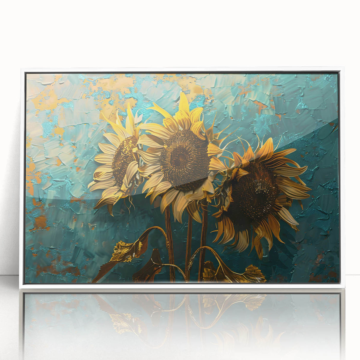 Framed botanical wall art featuring a vibrant sunflower design with a white frame, perfect for adding a touch of nature-inspired decor to any room.