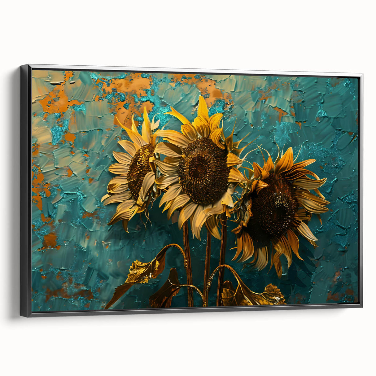 Framed canvas wall art featuring a botanical sunflower design with vibrant yellow petals and green leaves, elegantly displayed with a sleek black frame, ideal for home decor.