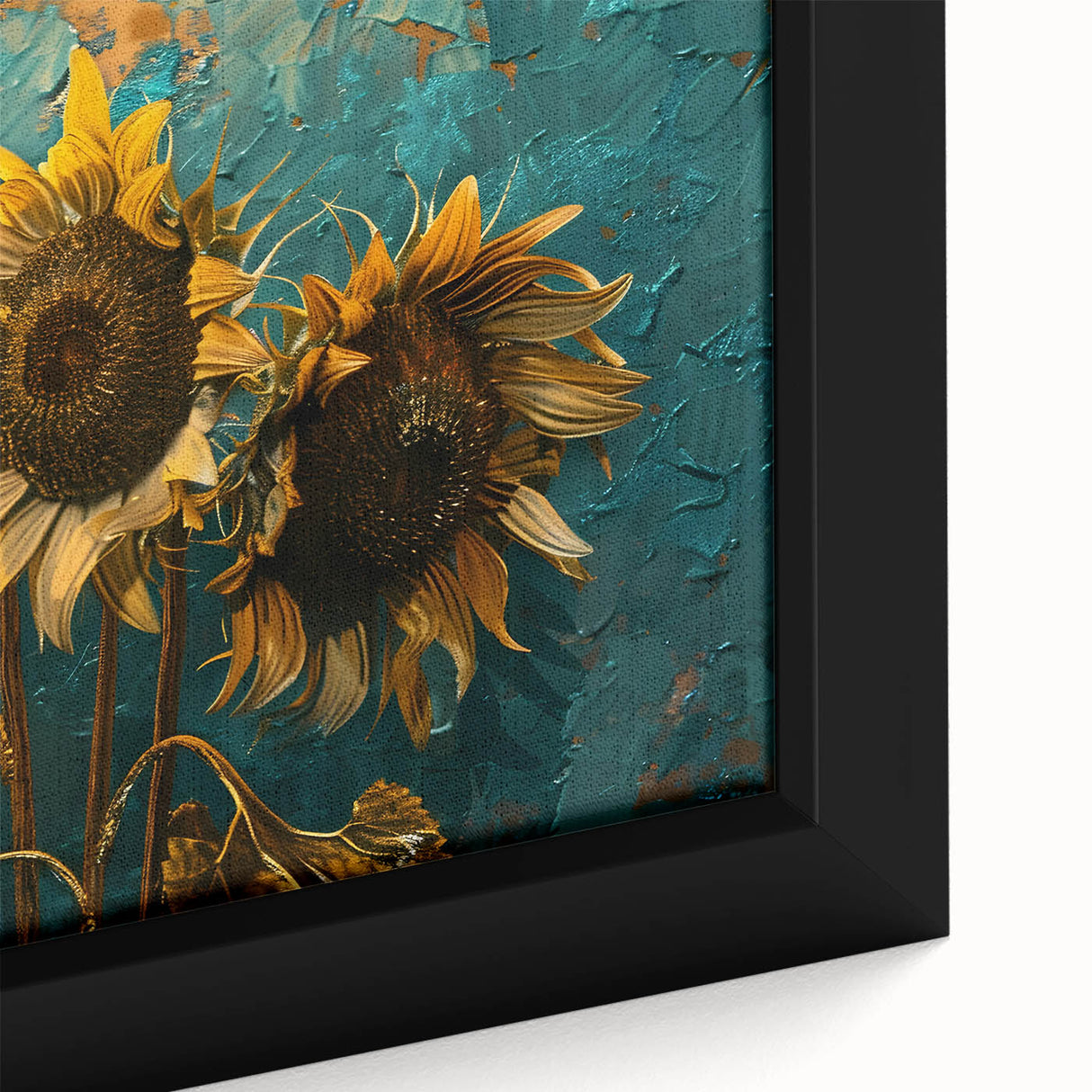 Close-up of a framed botanical wall art piece showcasing vibrant sunflowers in a detailed design, highlighting the rich yellow hues and intricate petal textures, perfect for home decor.