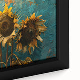 Close-up of a framed botanical wall art piece showcasing vibrant sunflowers in a detailed design, highlighting the rich yellow hues and intricate petal textures, perfect for home decor.