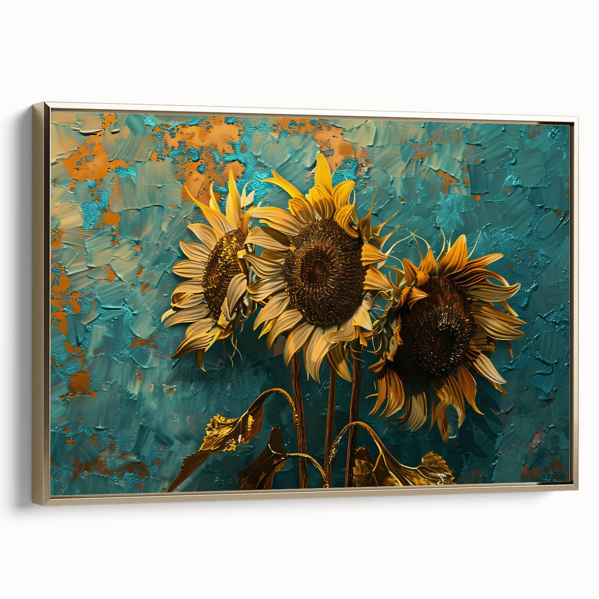Framed canvas wall art showcasing a vibrant botanical sunflower design in gold tones, elegantly displayed at an angle to highlight its texture and frame details. Ideal for brightening home decor and enhancing artistic spaces.