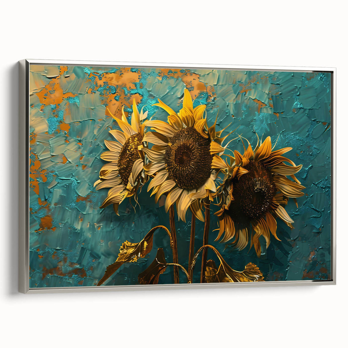 Framed canvas wall art featuring a vibrant botanical sunflower design with silver accents, displayed in a stylish side view, perfect for home decor.