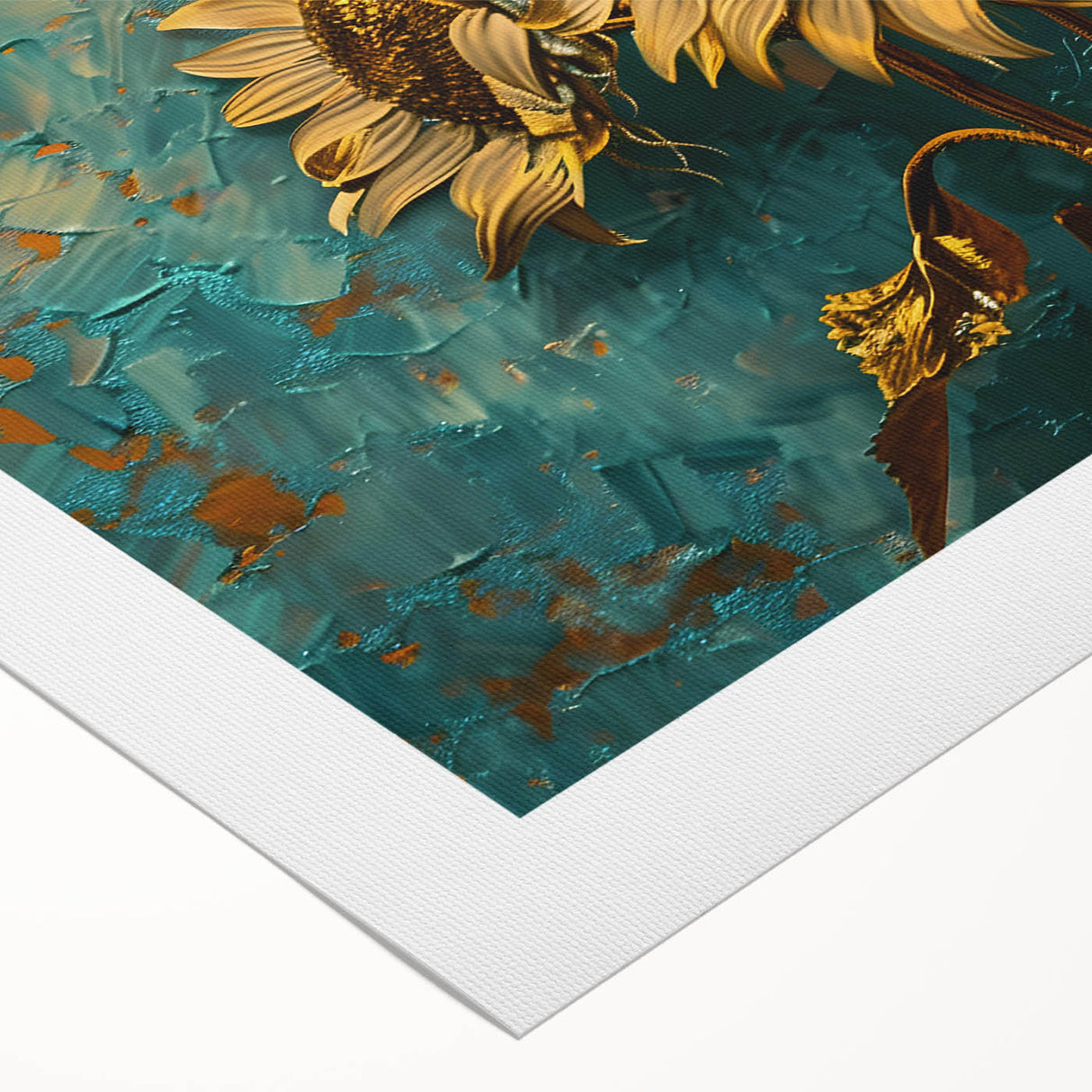 Rolled canvas artwork showcasing a vibrant sunflower design, set against a light background, ideal for home decor and nature-themed spaces, emphasizing botanical beauty.