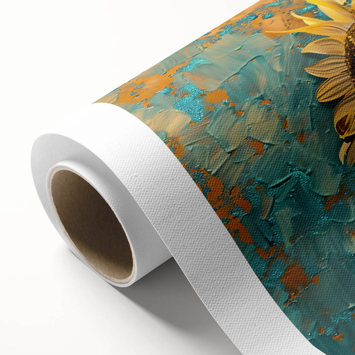 Vibrant rolled canvas showcasing a botanical sunflower design, featuring intricate yellow and green floral details, ideal for home decor and art enthusiasts.