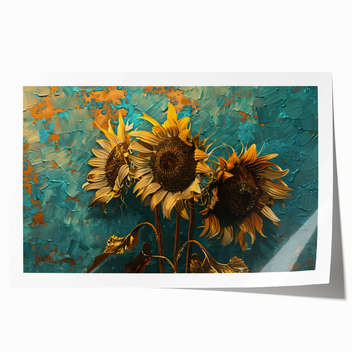 Bright and vibrant botanical sunflower wall art print showcasing intricate details of sunflower petals and leaves, ideal for home decor or floral-themed spaces.