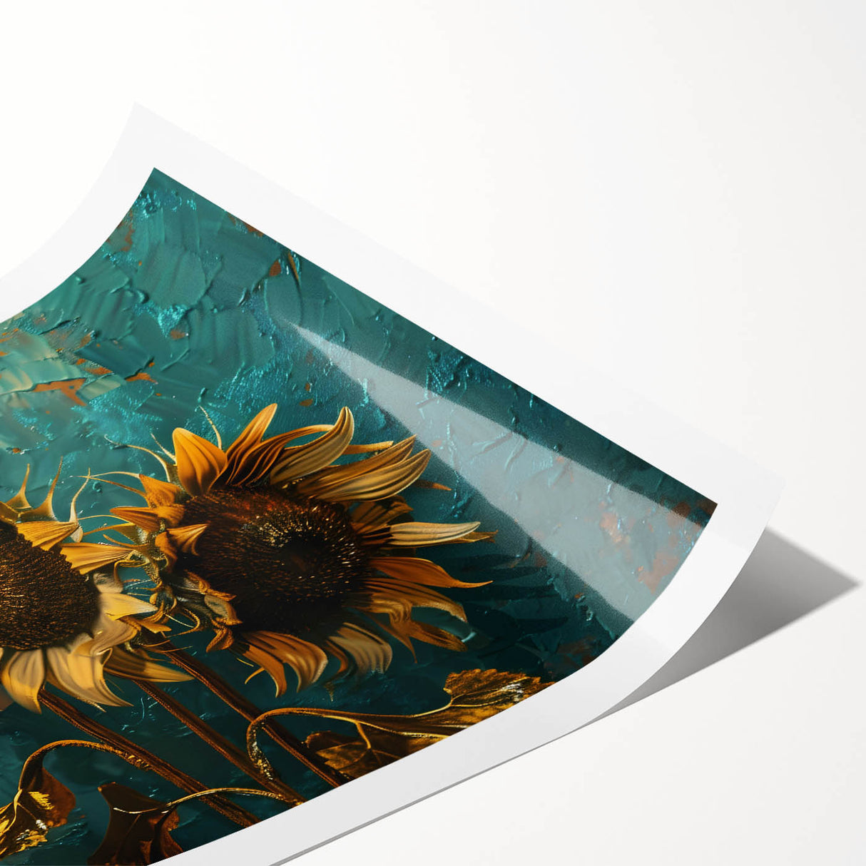 Bright botanical wall art print showcasing a vibrant sunflower design, rolled and packaged in protective cardboard, perfect for home decor enthusiasts and art lovers.