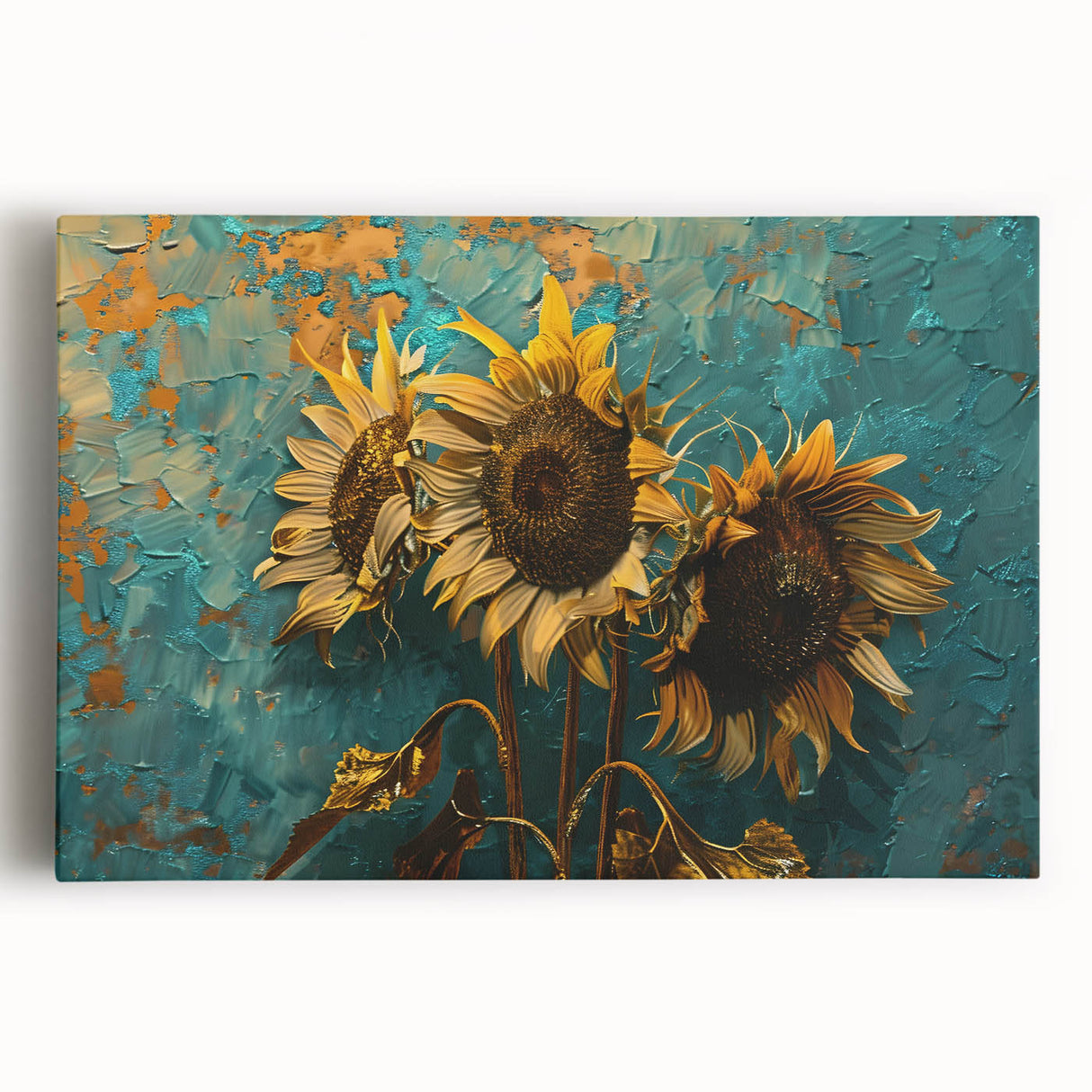 Stretched canvas wall art featuring a vibrant botanical sunflower design, showcasing bold yellow petals and green leaves, perfect for brightening any space. Ideal for nature lovers and home decor enthusiasts.