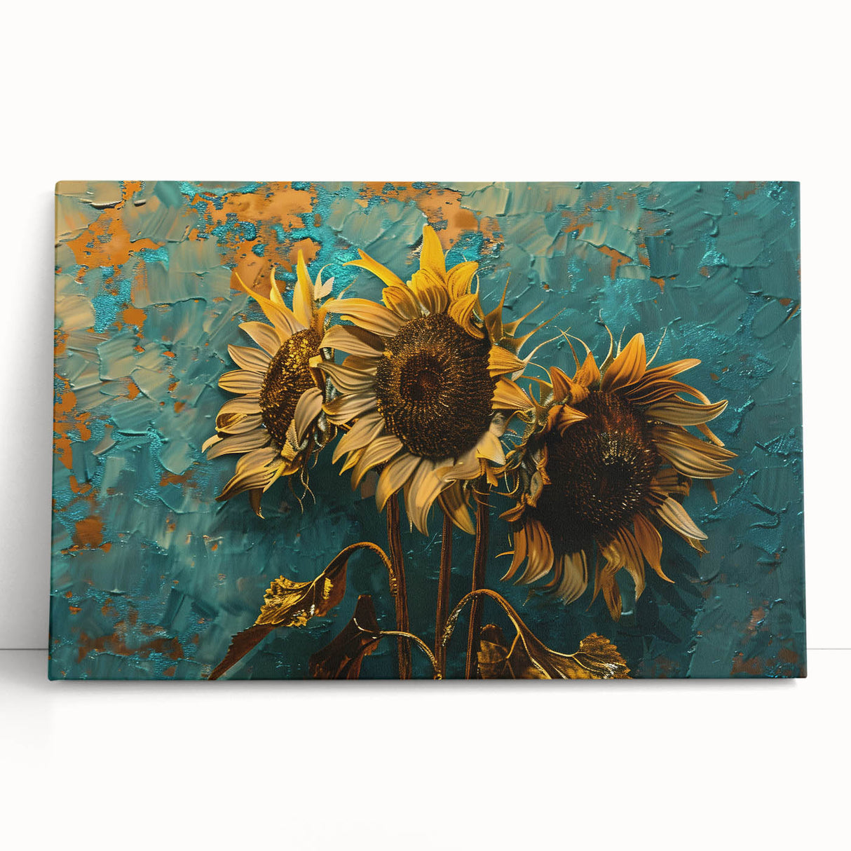 Bright and vibrant sunflower wall art design printed on stretched canvas, showcasing detailed botanical elements and a rich color palette, perfect for home decor.