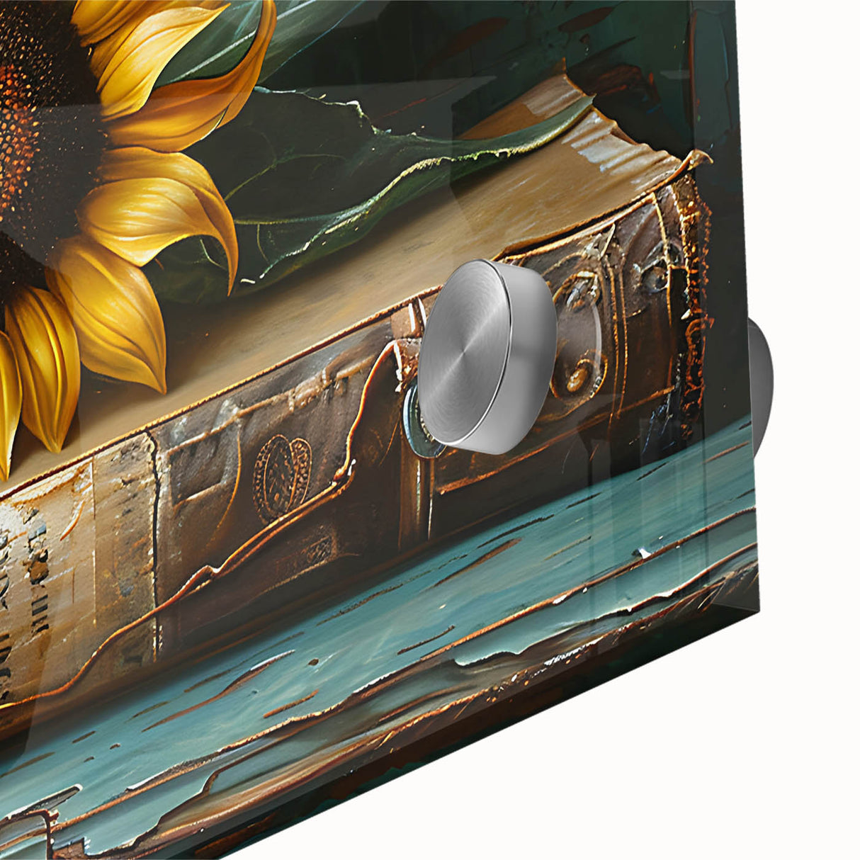 Close-up of a vibrant botanical wall art design featuring sunflowers, printed on acrylic glass, showcasing intricate details and bright colors ideal for home decor.