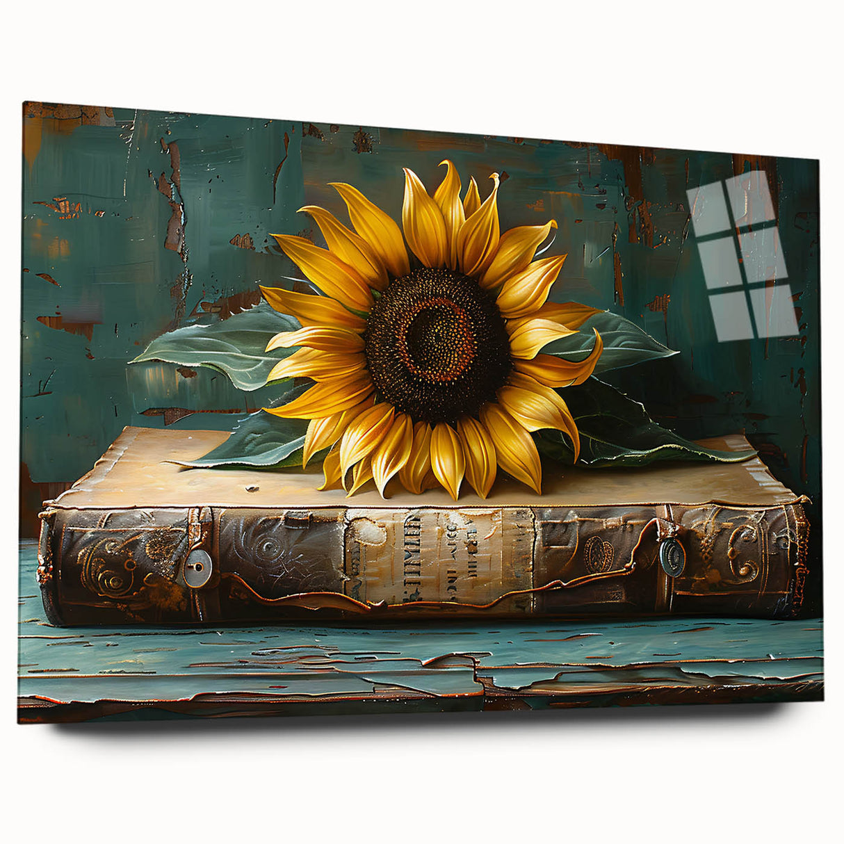 Acrylic wall art showcasing a vibrant sunflower botanical design in a side view, highlighting its vivid colors and intricate details, perfect for home decor.