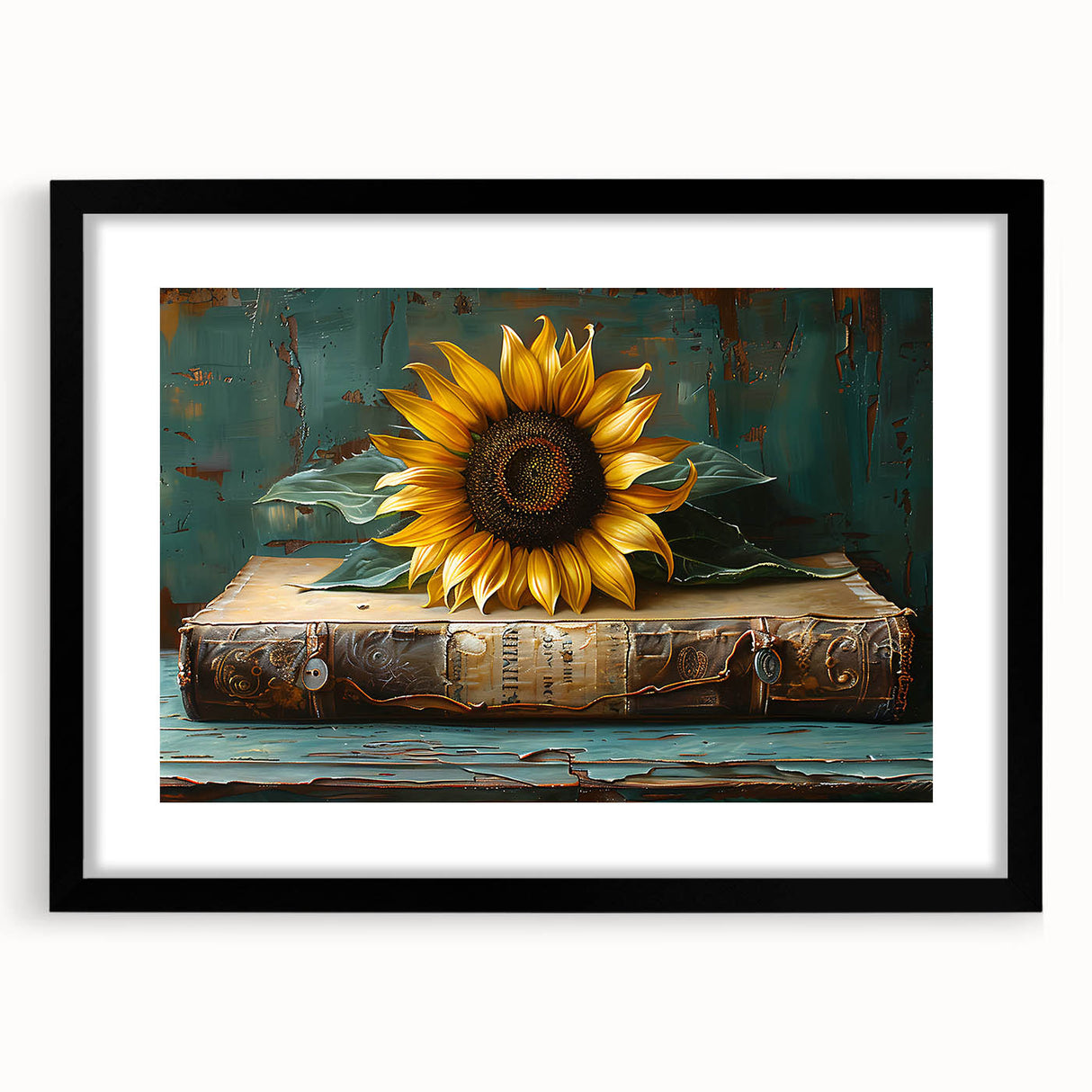 Botanical wall art featuring a vibrant sunflower design framed in black with a white mat, perfect for brightening home decor. Ideal for nature lovers.