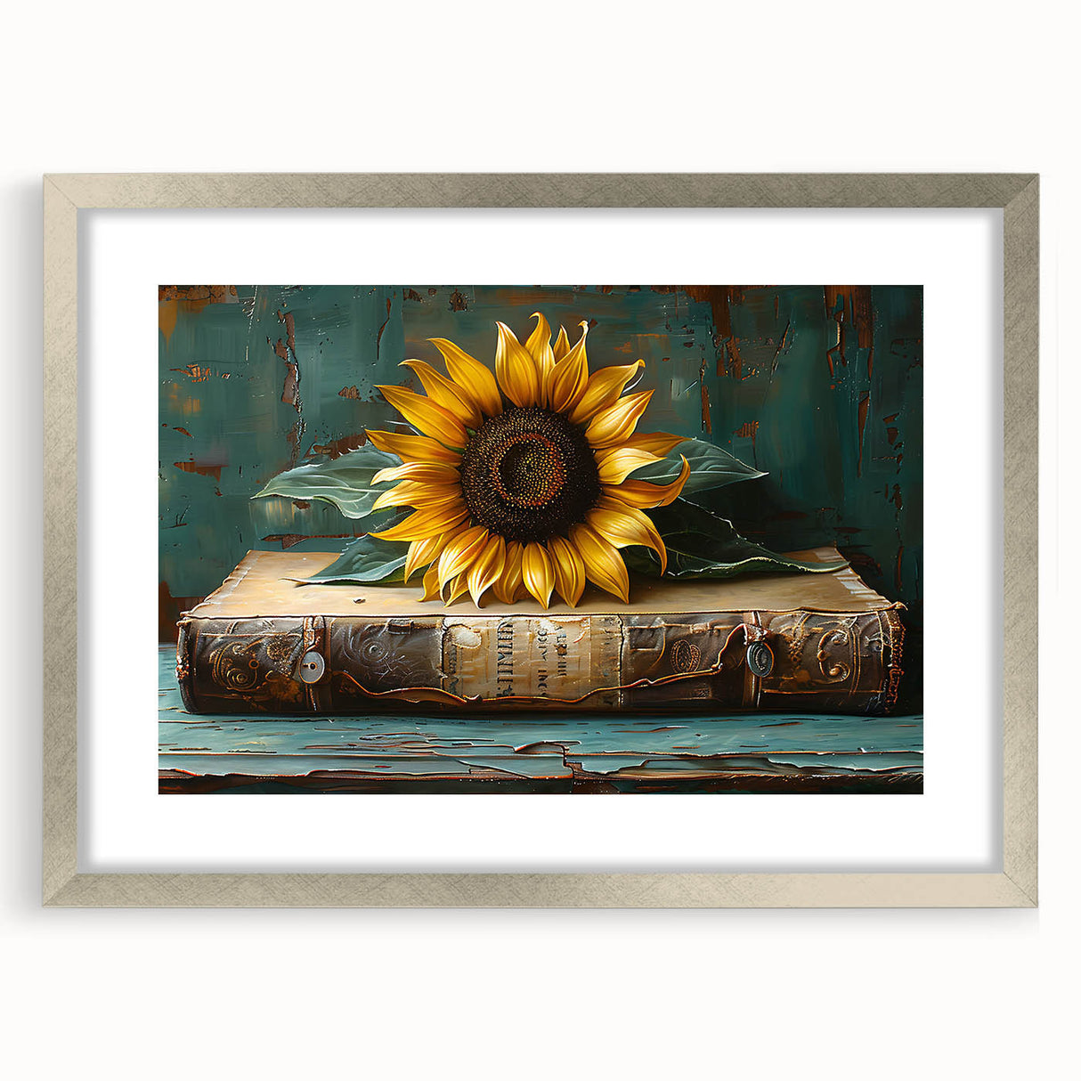 Framed botanical wall art featuring a vibrant sunflower design with a silver mat, perfect for home decor, enhancing any living space with natural beauty.