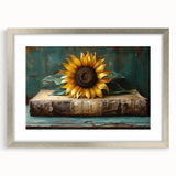 Framed botanical wall art featuring a vibrant sunflower design with a silver mat, perfect for home decor, enhancing any living space with natural beauty.