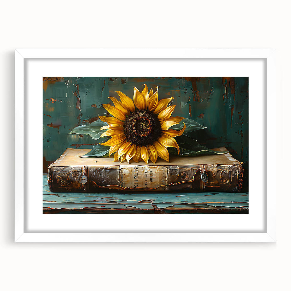 Botanical wall art featuring a vibrant sunflower design, framed with a white mat, showcasing intricate details and a modern aesthetic, perfect for home decor.