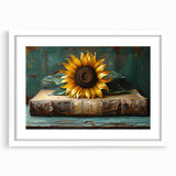 Botanical wall art featuring a vibrant sunflower design, framed with a white mat, showcasing intricate details and a modern aesthetic, perfect for home decor.