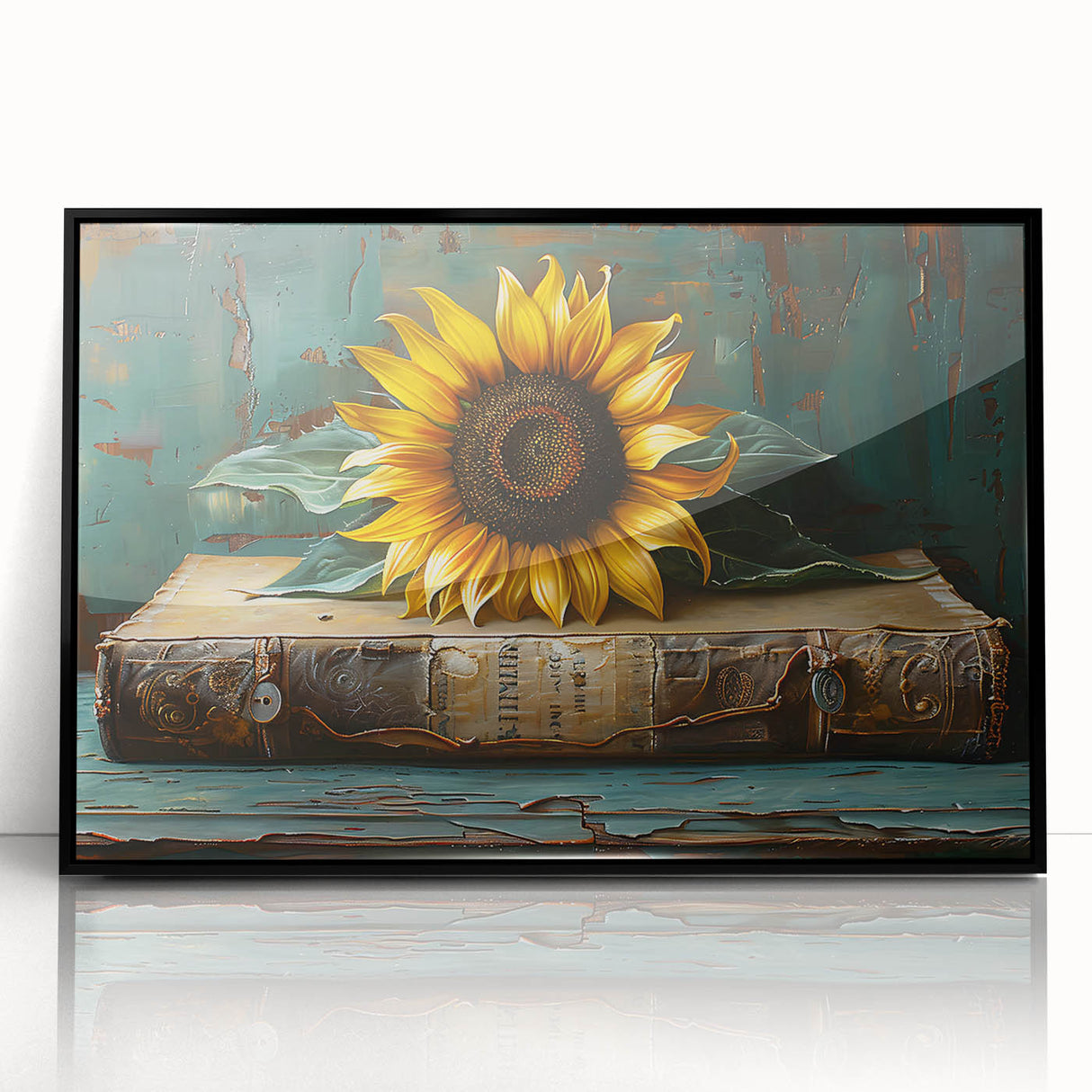 Framed black wall art featuring a vibrant botanical sunflower design, showcasing intricate details and vivid colors, perfect for home decor and enhancing interior aesthetics.