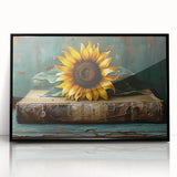 Framed black wall art featuring a vibrant botanical sunflower design, showcasing intricate details and vivid colors, perfect for home decor and enhancing interior aesthetics.