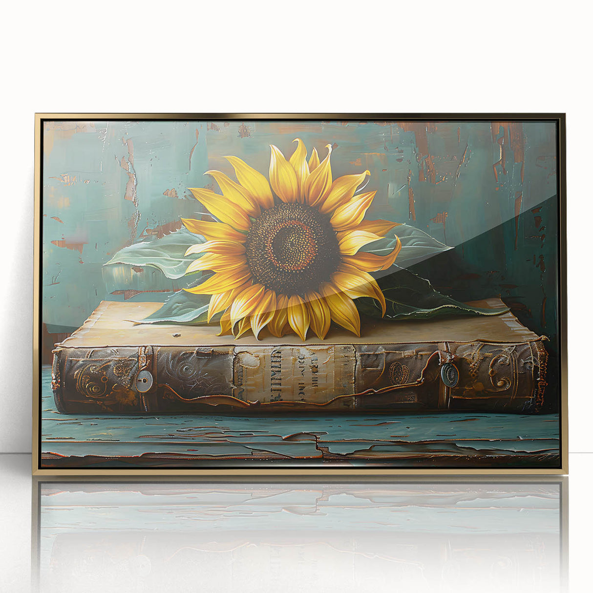 Framed botanical wall art featuring vibrant sunflower design with golden accents, showcasing intricate details and a modern aesthetic, perfect for home decor.