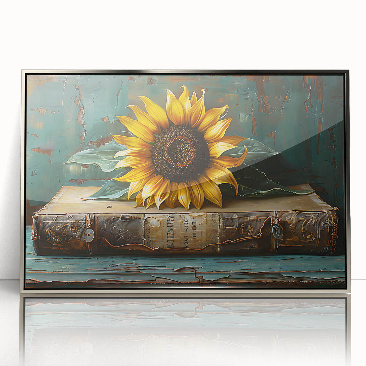 Framed botanical wall art featuring a detailed sunflower design with vibrant yellow petals and green leaves, set in a silver frame, perfect for home decor.