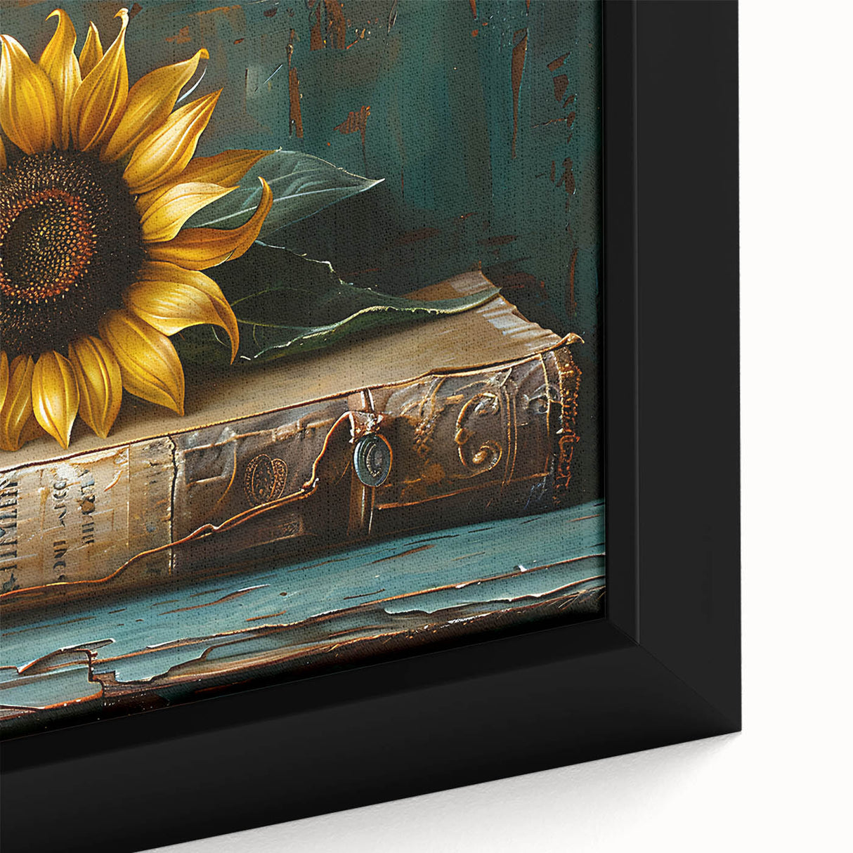 Close-up of a framed canvas wall art featuring vibrant botanical sunflowers with intricate details, perfect for brightening home decor and enhancing interior aesthetics.