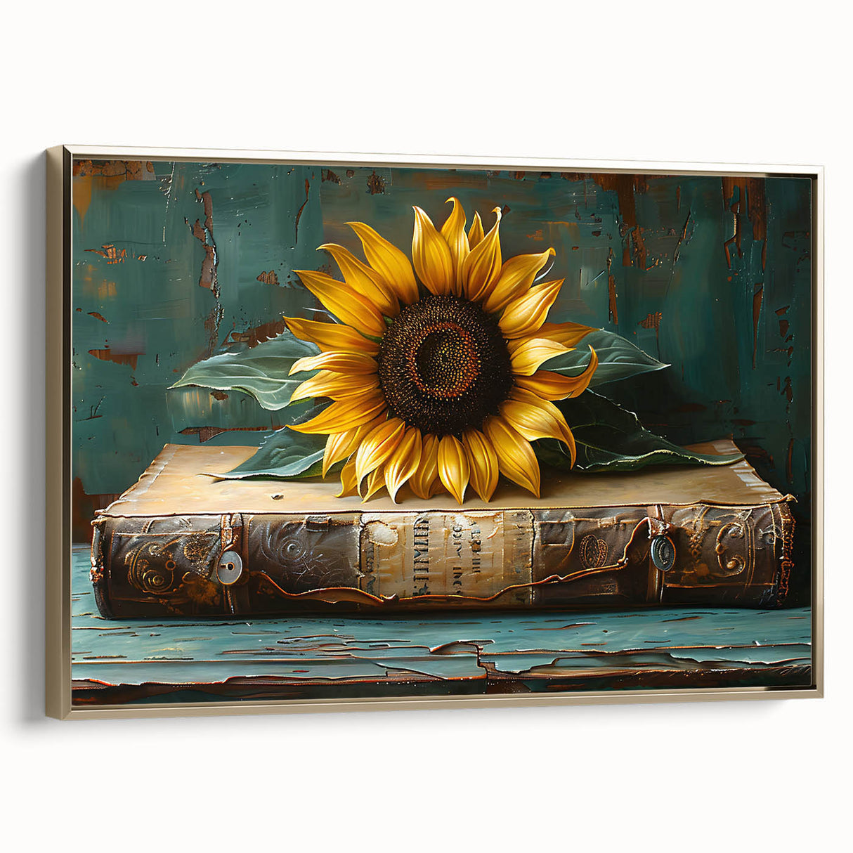 Framed canvas wall art showcasing a vibrant sunflower botanical design, featuring gold accents and a sleek side profile, ideal for enhancing home decor.