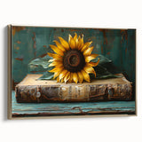 Framed canvas wall art showcasing a vibrant sunflower botanical design, featuring gold accents and a sleek side profile, ideal for enhancing home decor.