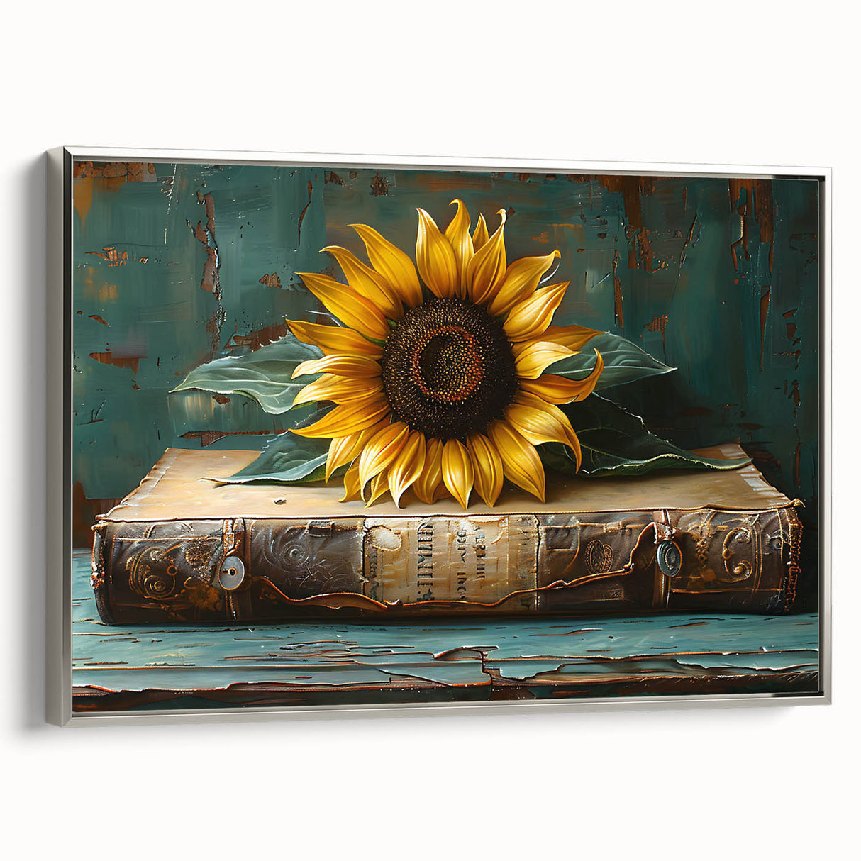 Framed canvas wall art featuring a botanical sunflower design with vibrant yellow petals and a sleek silver frame, ideal for home decor.
