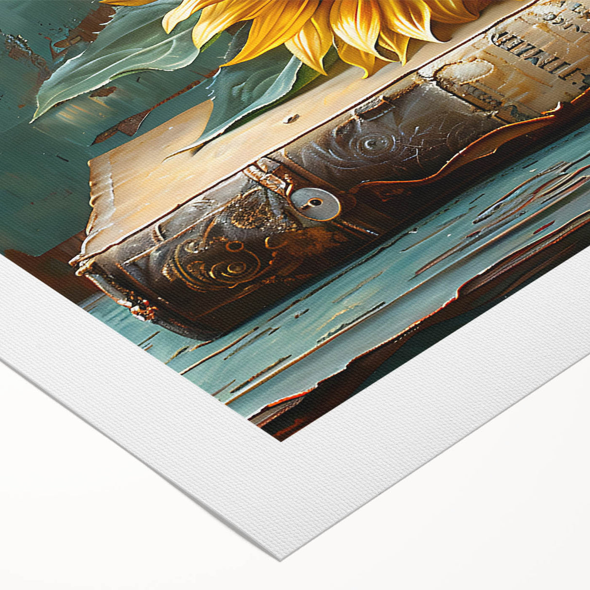 Bright and vibrant sunflower wall art design on rolled canvas, showcasing intricate botanical details and rich yellow hues, perfect for home decor.