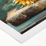 Bright and vibrant sunflower wall art design on rolled canvas, showcasing intricate botanical details and rich yellow hues, perfect for home decor.