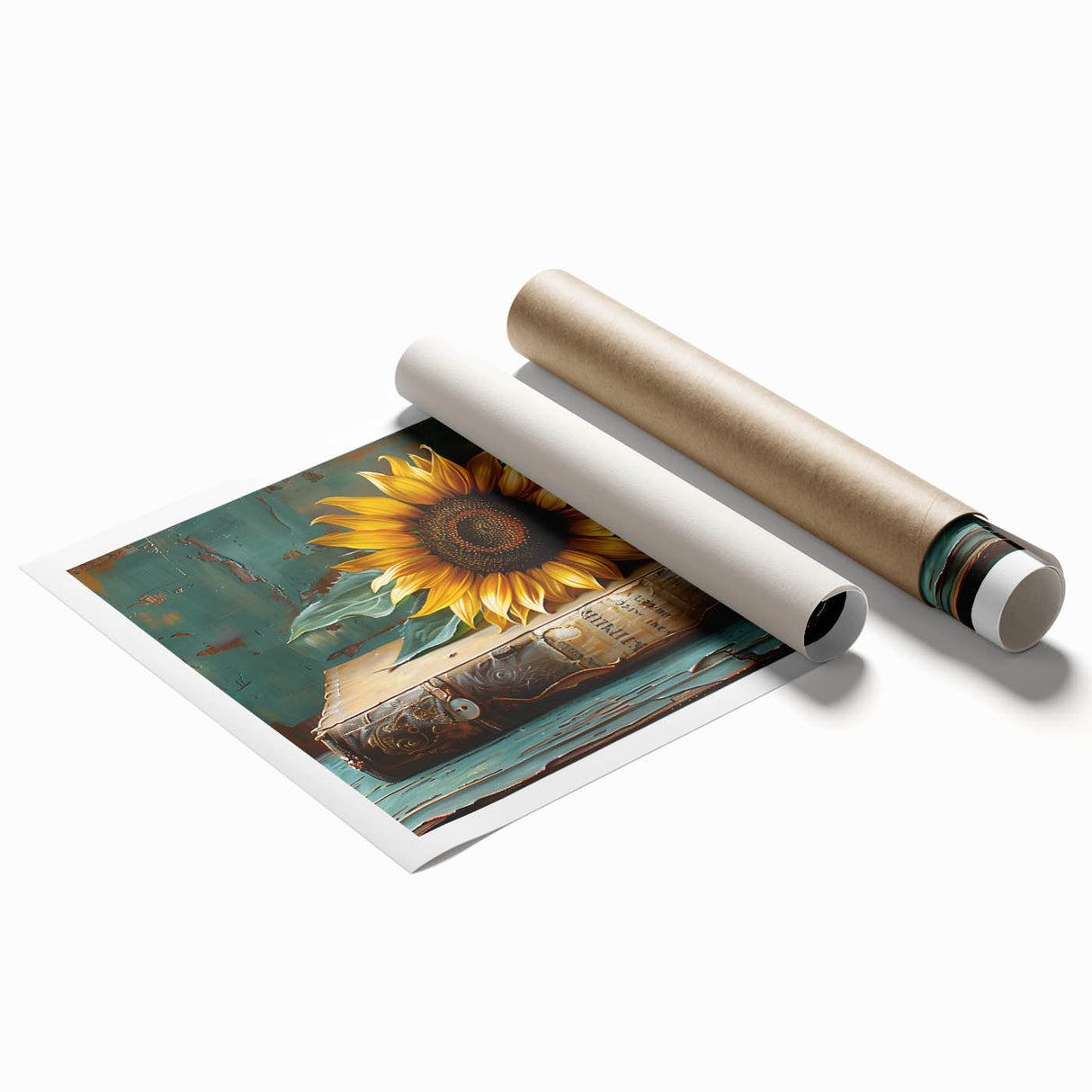 Botanical wall art print showcasing a vibrant sunflower design, rolled for easy shipping, featuring bright yellows and greens on high-quality paper. Ideal for home decor.