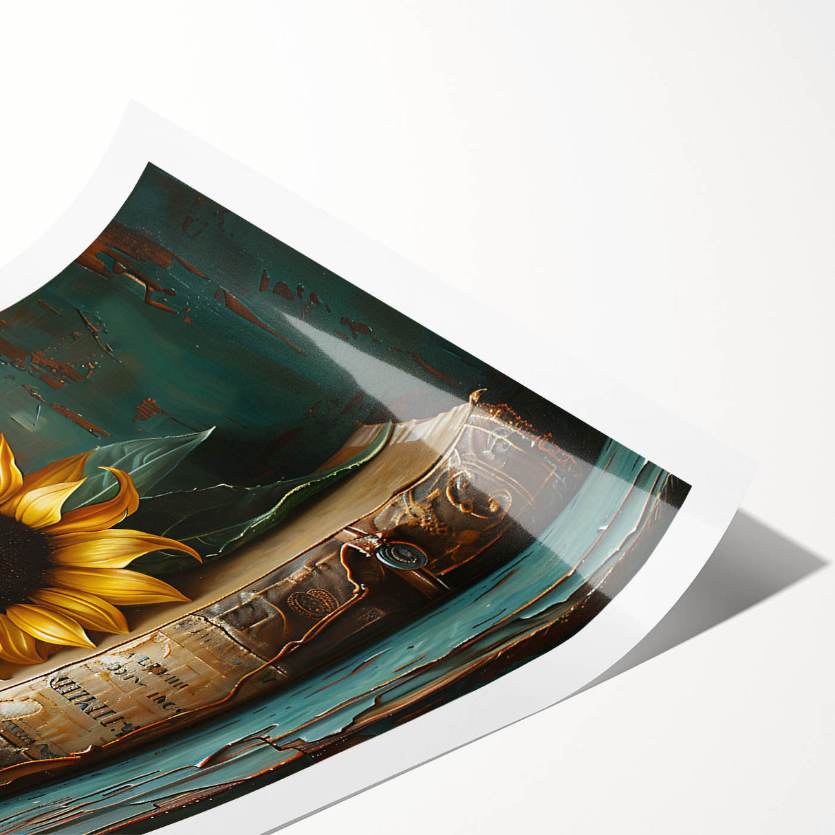 Botanical wall art print featuring vibrant sunflowers in a lush green background, rolled for easy display and shipping, perfect for home decor enthusiasts.