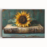 Botanical wall art featuring a vibrant sunflower design on stretched canvas, showcasing rich yellow petals and green leaves, perfect for home decoration.